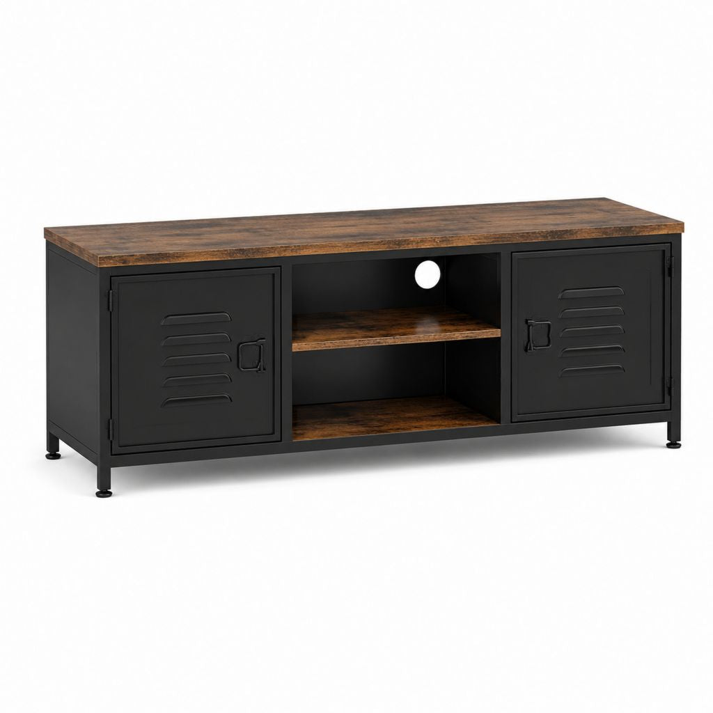 TV Lowboard Schwarz Braun aus Stahl und MDF 120 x 40 x 60 cm mit 2 Türen und Kabeldurchführung