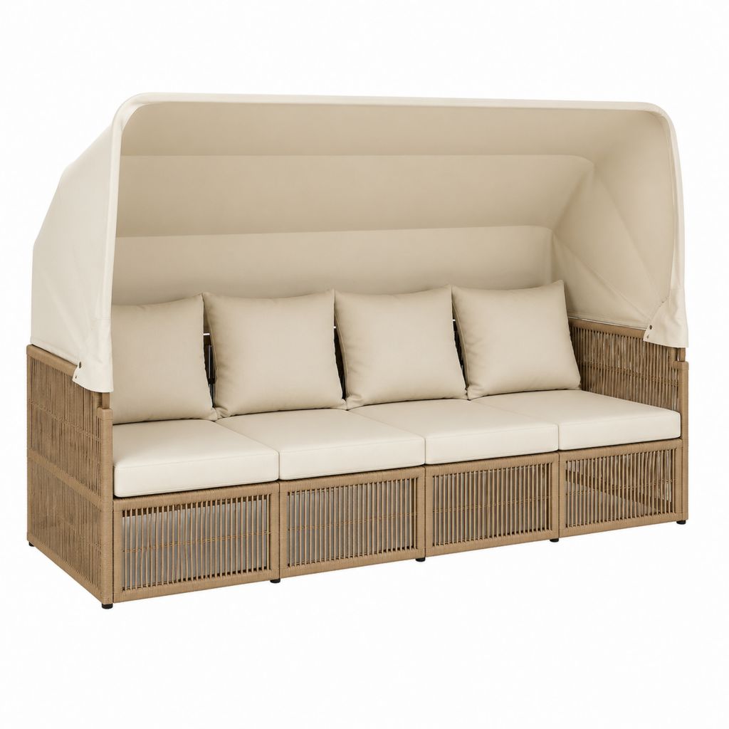 4-Sitzer Gartensofa mit Sonnendach Beige PE-Rattan 220 x 80 x 170 cm