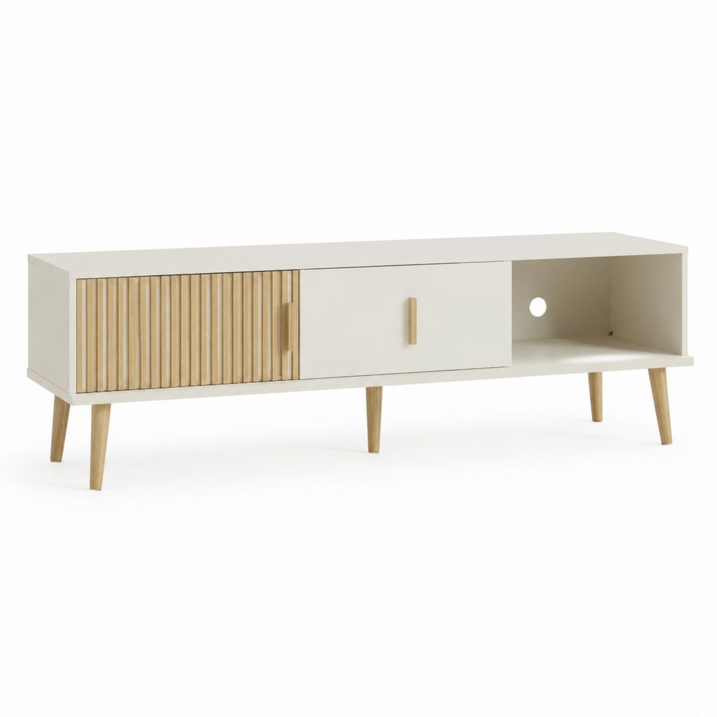 TV-Lowboard Weiß Natur aus MDF und Gummibaumholz rechteckig 160 x 40 x 60 cm
