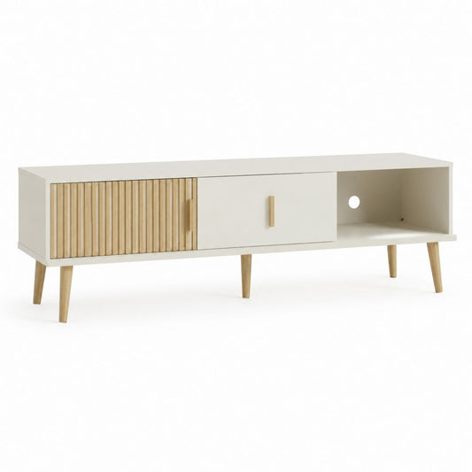 TV-Lowboard Weiß Natur aus MDF und Gummibaumholz rechteckig 160 x 40 x 60 cm