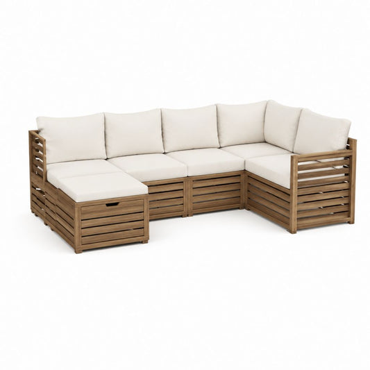 Gartenlounge Ecksofa 4-teilig Naturholz Beige mit Polyesterkissen 280 x 210 x 70 cm