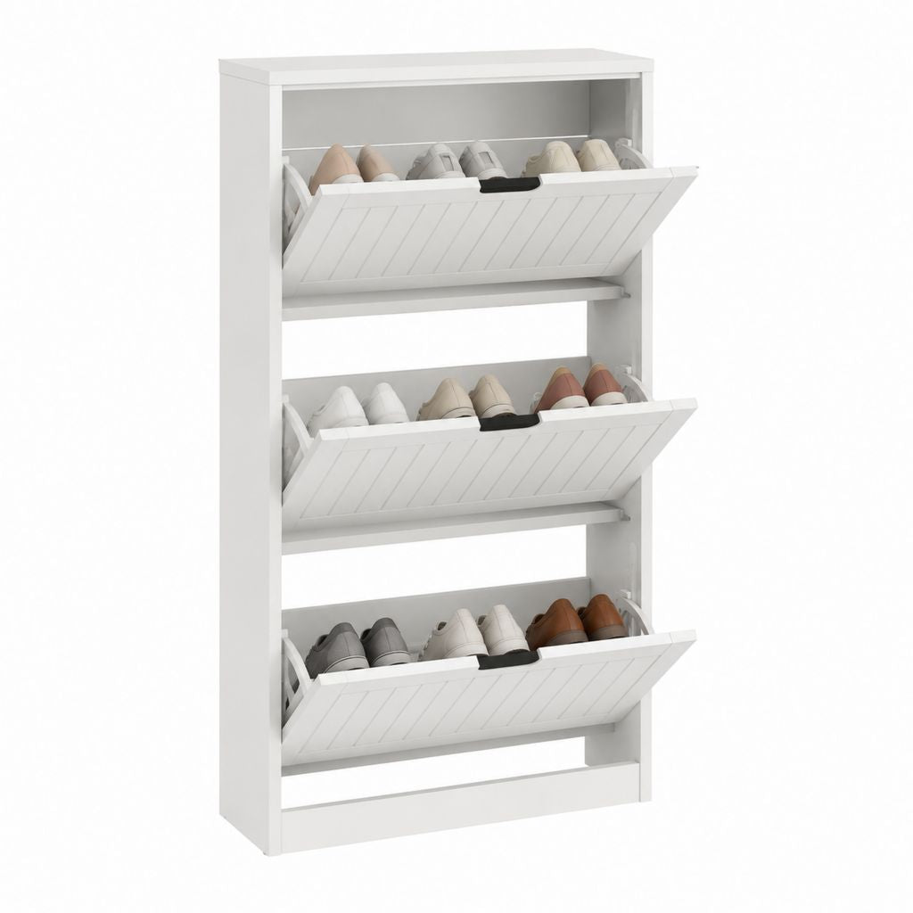 Schuhschrank Weiß aus Spanplatte mit 3 Klappen 80 x 30 x 150 cm