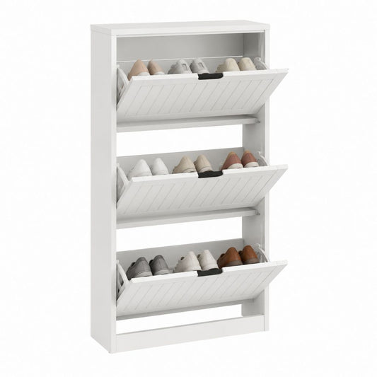 Schuhschrank Weiß aus Spanplatte mit 3 Klappen 80 x 30 x 150 cm