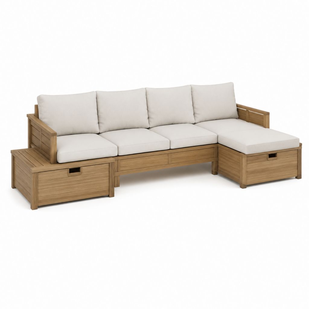 Garten Ecksofa L-Form aus massivem Teakholz Natur mit Polyesterkissen und Stauraum 250 x 150 x 75 cm