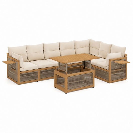 6-Sitzer Gartensofa Set Beige aus Akazien-Massivholz mit Seilgeflecht und Tisch 306 x 230 x 78 cm