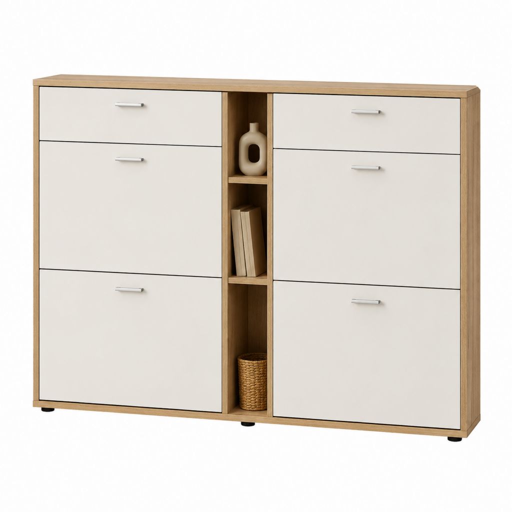 Schuhschrank mit 4 Klappen und 3 offenen Fächern Weiß Eiche-Optik Spanplatte 120 x 24 x 100 cm