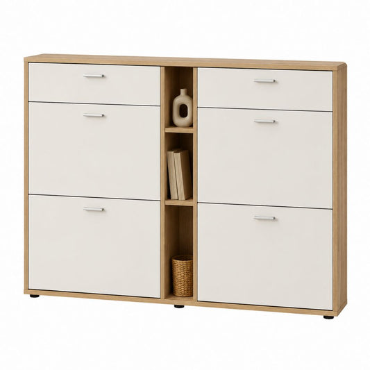 Schuhschrank mit 4 Klappen und 3 offenen Fächern Weiß Eiche-Optik Spanplatte 120 x 24 x 100 cm