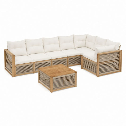 Gartenlounge Ecksofa Set Naturbeige aus Akazienholz und Polypropylen-Seil 240 x 240 cm mit Couchtisch 80 x 80 cm
